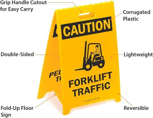 SmartSign 'Caution Forklift Traffic/No Pedestrian Traffic' Reversible Folding Floor Sign, 2-Sided Corrugated Plastic, Standing Floor A-Frame Sign, 20" x 11", Made in USA in Saudi Arabia