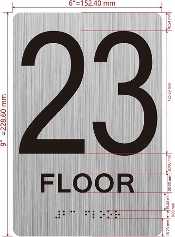 23th floor sign with Raised letters/Image & Grade 2 Braille - Includes Red Adhesive pad for Easy Installation (6" W x 9" H,Brushed Aluminum/silver, Tacticle Sign) - The park Ave Line in Saudi Arabia