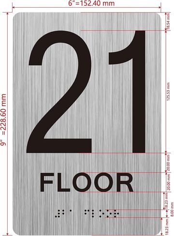 21th floor sign with Raised letters/Image & Grade 2 Braille - Includes Red Adhesive pad for Easy Installation (6" W x 9" H,Brushed Aluminum/silver, Tacticle Sign) - The park Ave Line in Saudi Arabia