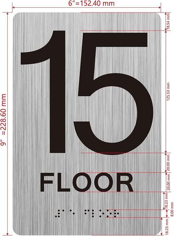 15th floor sign with Raised letters/Image & Grade 2 Braille - Includes Red Adhesive pad for Easy Installation (6" W x 9" H,Brushed Aluminum/silver, Tacticle Sign) - The park Ave Line in Saudi Arabia