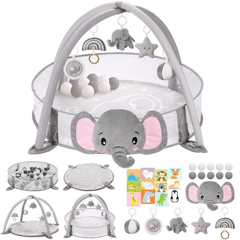7-in-1 XL Large Baby Play Gym Mat, Tummy Time Mat, Baby Gym & Ball Pit, Baby Activity Mat with Milestone Cards & 6 Detachable Toys for Sensory Motor Skill, Elephant in Saudi Arabia
