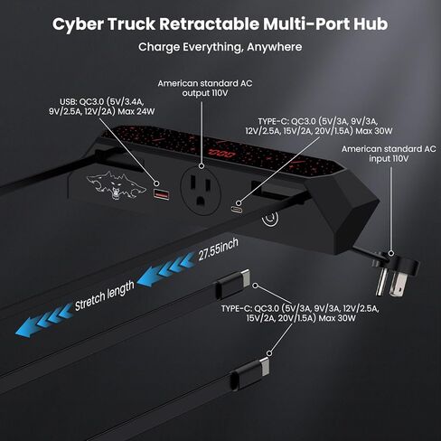 Cybertruck USB Charger Hub مع مخرج AC 110V والكابلات القابلة للسحب - تكامل سلس ، 30W PD/QC3 in Kuwait