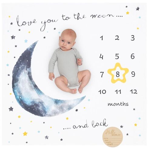 Pondering Pine Organic Baby Monthly Milestone Blanket Boy - Growth Age Blanket for 1-12 Months Milestones with Month Marker Frame and Newborn Announcement Disc, Woodland, Bear, 47"x47" in Kuwait