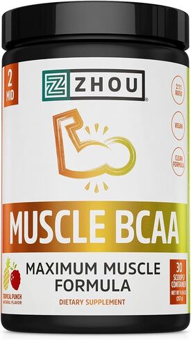 ZHOU Muscle BCAA - مسحوق نباتي BCAA، مكملات BCAA للرجال والنساء، يدعم صحة العضلات، مشروب للطاقة، جميع الأحماض الأمينية الطبيعية المتفرعة - لكمة استوائية، 11.6 أونصة (30 حصة) in Kuwait