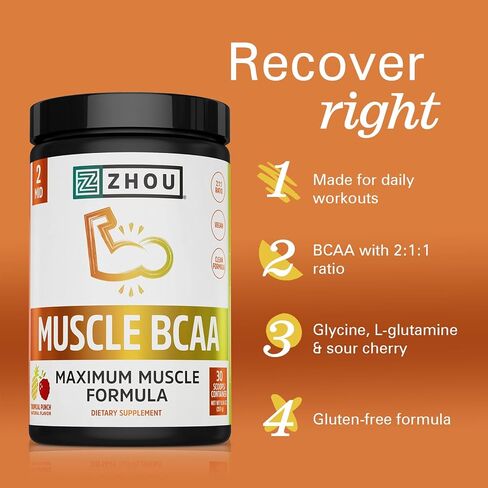ZHOU Muscle BCAA - مسحوق نباتي BCAA، مكملات BCAA للرجال والنساء، يدعم صحة العضلات، مشروب للطاقة، جميع الأحماض الأمينية الطبيعية المتفرعة - لكمة استوائية، 11.6 أونصة (30 حصة) in Kuwait