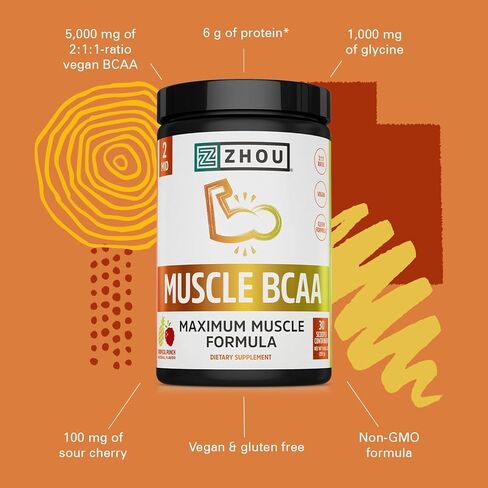 ZHOU Muscle BCAA - مسحوق نباتي BCAA، مكملات BCAA للرجال والنساء، يدعم صحة العضلات، مشروب للطاقة، جميع الأحماض الأمينية الطبيعية المتفرعة - لكمة استوائية، 11.6 أونصة (30 حصة) in Kuwait