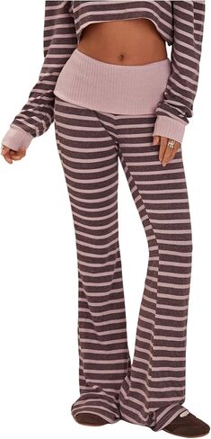 GORGLITTER Women's Striped Fold Over Yoga Pants Flare Low Rise Leggings Workout Athletic Bell Y2k Bottoms Going Outfits 2026 in Saudi Arabia
