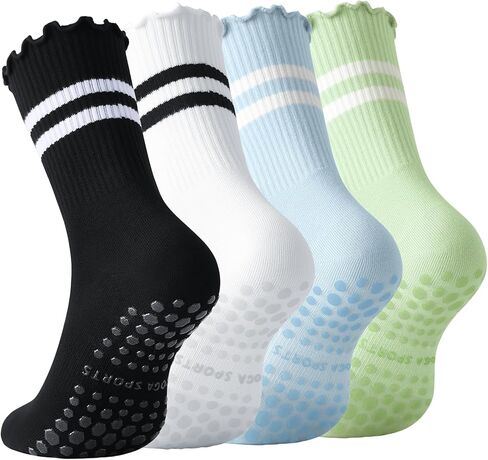 Pilates Socks for Women with Grips Non Slip Yoga Ruffle Crew Socks for Barre Hospital Gym Athletic 4 Pairs Size 6-10 in Saudi Arabia