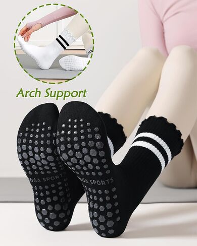 Pilates Socks for Women with Grips Non Slip Yoga Ruffle Crew Socks for Barre Hospital Gym Athletic 4 Pairs Size 6-10 in Saudi Arabia