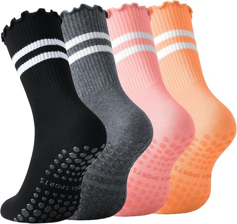 Pilates Socks for Women with Grips Non Slip Yoga Ruffle Crew Socks for Barre Hospital Gym Athletic 4 Pairs Size 6-10 in Saudi Arabia