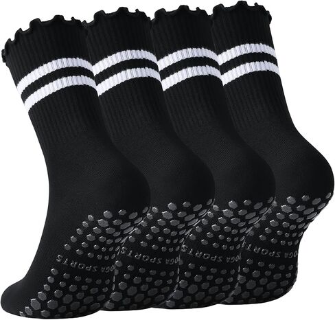 Pilates Socks for Women with Grips Non Slip Yoga Ruffle Crew Socks for Barre Hospital Gym Athletic 4 Pairs Size 6-10 in Saudi Arabia