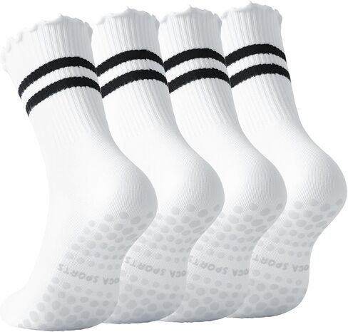 Pilates Socks for Women with Grips Non Slip Yoga Ruffle Crew Socks for Barre Hospital Gym Athletic 4 Pairs Size 6-10 in Saudi Arabia