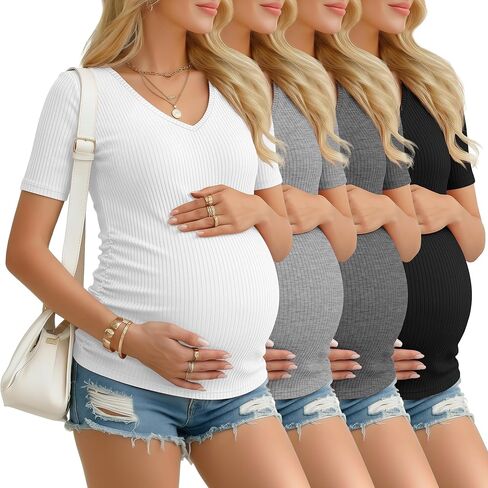 Ficerd 4 Pack Women’s Maternity Shirts, Cotton Half Sleeve Pregnancy Tops Ribbed V Neck Casual Slim Fit Maternity Clothes in Kuwait