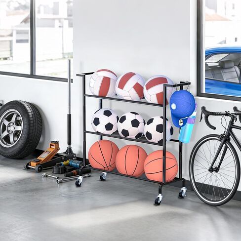 Invech Basketball Holder 3 Tier, Rolling Basketball Rack Training Stand, Sports Equipment Organizer for Garage or Gym Indoor & Outdoor in Kuwait