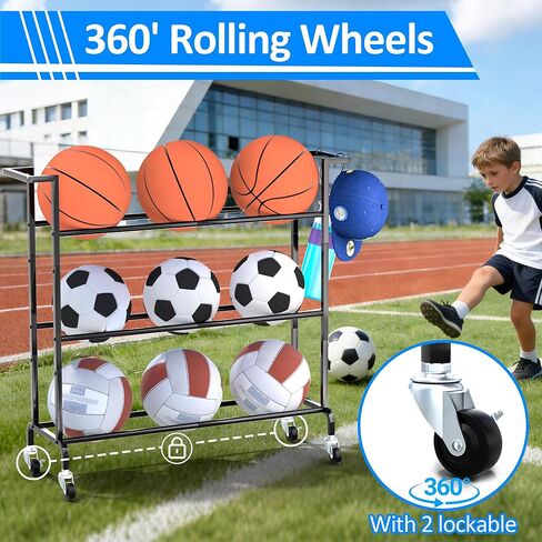 Invech Basketball Holder 3 Tier, Rolling Basketball Rack Training Stand, Sports Equipment Organizer for Garage or Gym Indoor & Outdoor in Kuwait