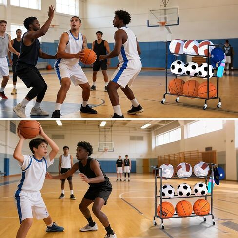 Invech Basketball Holder 3 Tier, Rolling Basketball Rack Training Stand, Sports Equipment Organizer for Garage or Gym Indoor & Outdoor in Kuwait