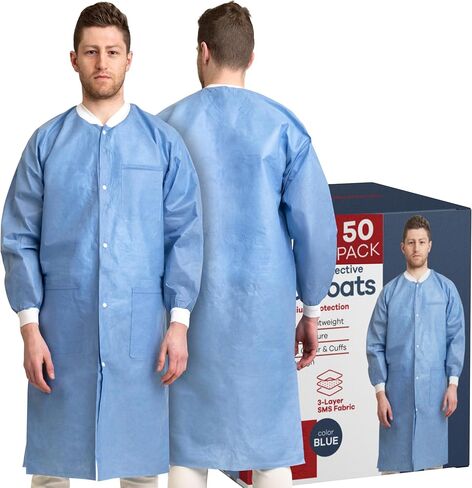 معاطف مختبر طبية للاستعمال مرة واحدة من ميديكال نيشن | 10 عبوات - 50 عبوة | معاطف مختبر للبالغين بأساور وجيوب محبوكة (مقاس صغير - 5XL) in Kuwait