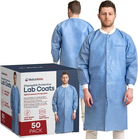 Medical Nation Disposable Lab Coats | 10 Pack - 50 Pack | Lab Coats for Adults with Knit Cuffs and Pockets (Size Small - 5XL) in Saudi Arabia