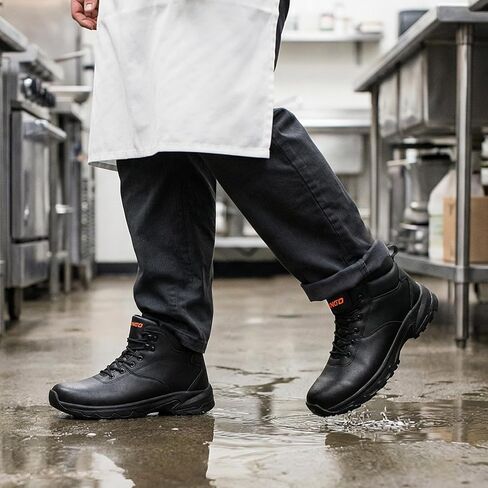 أحذية عمل NINGO مضادة للانزلاق للرجال، أحذية مريحة مقاومة للانزلاق مع دعم للكاحل والقوس، مقاومة للزيت والماء، أحذية عمل سوداء خفيفة الوزن لخدمة الطعام، الشيف، المطبخ، المطعم in Kuwait