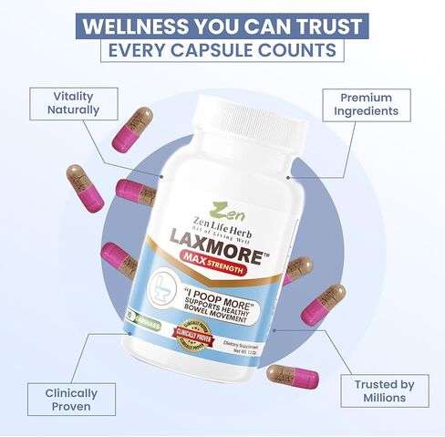 ZEN LIFE HERB LAXMORE I POOP MORE Max Strength 100% Natural Plant-Based Supplement (90 Capsules) in Kuwait