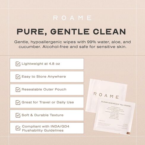 ROAME Flushable Wet Wipes After Toilet Use – Septic Safe & Toilet Flushable – Hypoallergenic, Unscented, 99% Purified Water with Aloe Vera, Witch Hazel & Cucumber Extracts – 30 Count in Kuwait