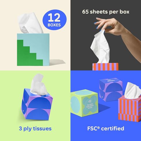 من يعطي مناديل من الخيزران، صناديق مكعبة من مناديل الوجه، 100% من الخيزران، 3 طبقات، 12 صندوقًا، 65 ورقة في كل صندوق، ناعمة، قوية، ومستدامة، صديقة للبيئة مع عبوة خالية من البلاستيك، 780 منديلًا إجماليًا in Kuwait