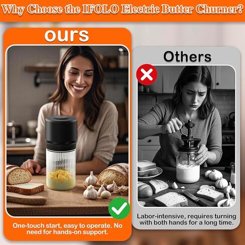 IFOLO Electric Butter Churn – One-Touch Butter Maker in 5–10 Mins, 34oz Glass Jar with High-Speed Brushless Motor, High-Speed Mixing for Creamy Results in Saudi Arabia
