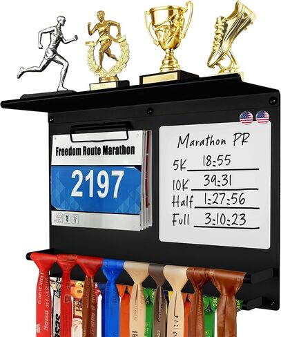 Running Medal Display with Trophy Shelf, Race Bib Holder and Whiteboard, 2-Bar Medal Holder for 50+ Medals with Flag Magnets, Marker, Wall Mounted, Black in Kuwait
