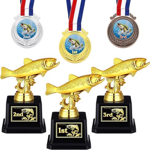 Liliaafar 6 Pcs Fishing Derby Award Set Include 5" Fishing Reward Trophy Medals with Neck Ribbons Funny Gold and 1st 2nd 3rd Prize Stickers for Teens Adults Fisherman Competition in Saudi Arabia