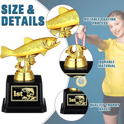 Liliaafar 6 Pcs Fishing Derby Award Set Include 5" Fishing Reward Trophy Medals with Neck Ribbons Funny Gold and 1st 2nd 3rd Prize Stickers for Teens Adults Fisherman Competition in Saudi Arabia