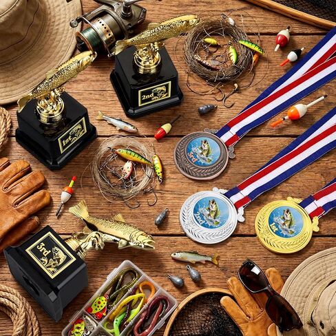 Liliaafar 6 Pcs Fishing Derby Award Set Include 5" Fishing Reward Trophy Medals with Neck Ribbons Funny Gold and 1st 2nd 3rd Prize Stickers for Teens Adults Fisherman Competition in Saudi Arabia