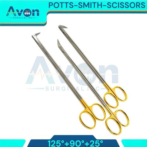 Pack of 3pcs Potts Smith Sharp Tip Scissors | Angled to 25 Degrees, 90 Degrees, and 125 Degrees | Gold Handle French Stainless Steel Premium Bundle in Kuwait