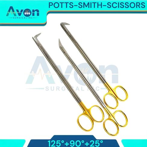 Pack of 3pcs Potts Smith Sharp Tip Scissors | Angled to 25 Degrees, 90 Degrees, and 125 Degrees | Gold Handle French Stainless Steel Premium Bundle in Kuwait