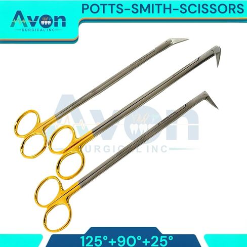Pack of 3pcs Potts Smith Sharp Tip Scissors | Angled to 25 Degrees, 90 Degrees, and 125 Degrees | Gold Handle French Stainless Steel Premium Bundle in Kuwait