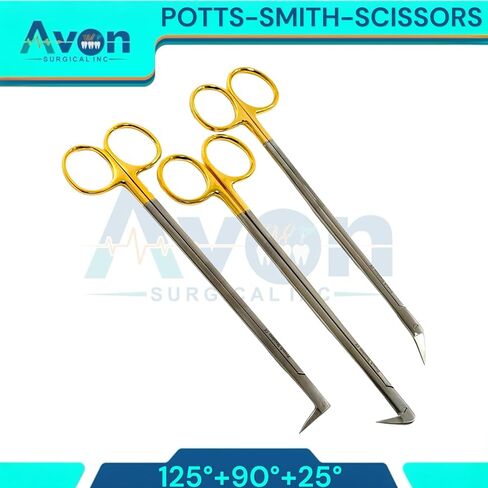 Pack of 3pcs Potts Smith Sharp Tip Scissors | Angled to 25 Degrees, 90 Degrees, and 125 Degrees | Gold Handle French Stainless Steel Premium Bundle in Kuwait