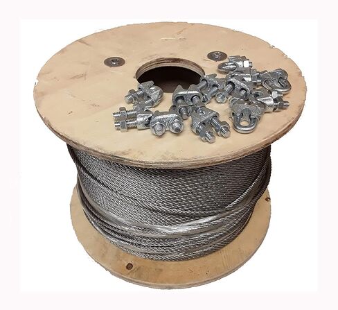 7 × 19 حبل سلك كابل للطائرات من الفولاذ المجلفن، قطر 3/8 بوصة، طول 200 قدم، قوة كسر 14400 رطل، فضي، 12 قطعة 3/8 بوصة مشابك كابلات in Kuwait