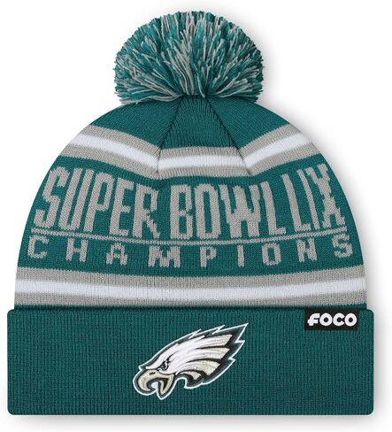 FOCO Philadelphia Eagles NFL Super Bowl LIX Champions 2024-2025 Primary Logo Stripe Pom Beanie in Saudi Arabia