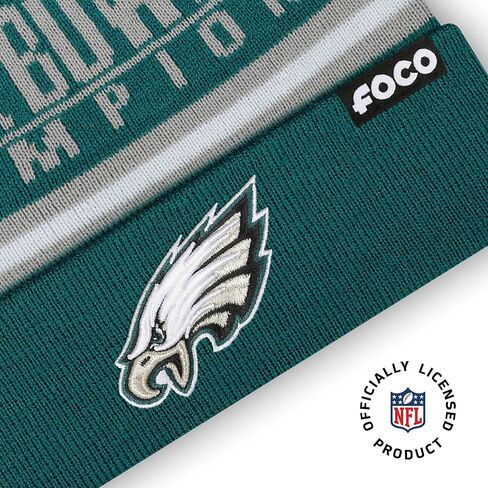 FOCO Philadelphia Eagles NFL Super Bowl LIX Champions 2024-2025 Primary Logo Stripe Pom Beanie in Saudi Arabia