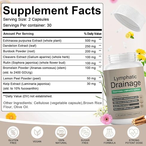 Lymphatic Drainage Capsules-Lymphatic Drainage Supplement for Immune Health & Fluid Balance, with Echinacea, Dandelion, and Burdock(60 Capsule) in Saudi Arabia
