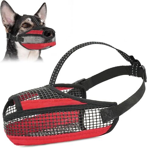 Soft Mesh Dog Muzzle with Reflective Strap - Lightweight Muzzle Adjustable Dogs to Prevents Biting, Chewing & Licking, Open Nose Design Reduces Friction & Enhances Comfort (Red, M) in Kuwait