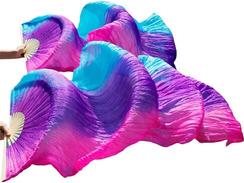 Dance Fan,Long Fans Veils, 100% Real Silk Gradient Stripes Bamboo Fan Veil Belly Dance Performance Props 1pc/1pair(FS32,1pc Right hand-120cm) in Saudi Arabia