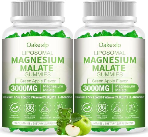 2 Pack Liposomal 3000mg Magnesium Malate Gummies Supplement,Complex Creatine Monohydrate,Folate, Active B12 & D3, L-Theanine & CoQ10, for Stress Relief,Methylation, Energy, Muscle & Calm in Saudi Arabia