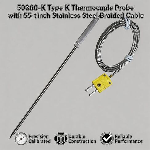مسبار حراري من النوع K 50360-K مع كابل مضفر من الفولاذ المقاوم للصدأ مقاس 55 بوصة. متوافق مع مجسات كوبر أتكينز الحرارية من النوع K نطاق درجة الحرارة -40 درجة فهرنهايت إلى 1100 درجة فهرنهايت مناسب للأفران والشوايات in Kuwait