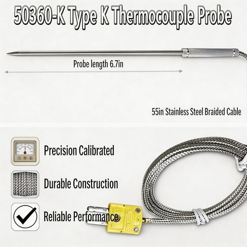 مسبار حراري من النوع K 50360-K مع كابل مضفر من الفولاذ المقاوم للصدأ مقاس 55 بوصة. متوافق مع مجسات كوبر أتكينز الحرارية من النوع K نطاق درجة الحرارة -40 درجة فهرنهايت إلى 1100 درجة فهرنهايت مناسب للأفران والشوايات in Kuwait