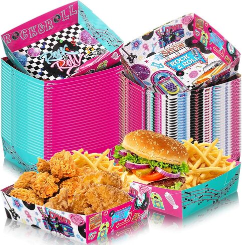 Layhit 60 Pcs 1950s Party Supplies 5 lb Food Boats Large Paper Serving Trays Burger Fries Hot Dog Taco BBQ Popcorn for Rocking Music Sock Hop Birthday 1950s Theme Party in Saudi Arabia