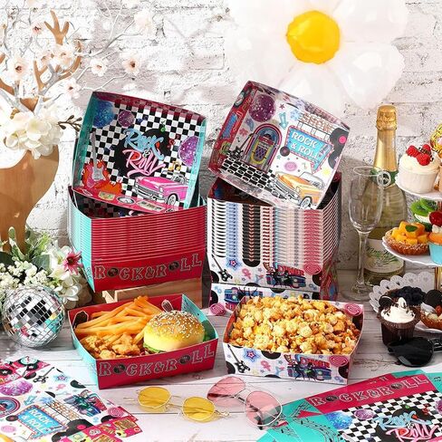 Layhit 60 Pcs 1950s Party Supplies 5 lb Food Boats Large Paper Serving Trays Burger Fries Hot Dog Taco BBQ Popcorn for Rocking Music Sock Hop Birthday 1950s Theme Party in Saudi Arabia