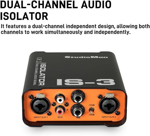 StudioMan IS-3 عازل إشارة الصوت ثنائي القناة - صندوق DI احترافي مع مدخلات XLR/RCA/TRS متوازنة، وسادة 10 ديسيبل/15 ديسيبل ورفع أرضي للجيتار والباس ولوحات المفاتيح ومشغلات الوسائط in Kuwait