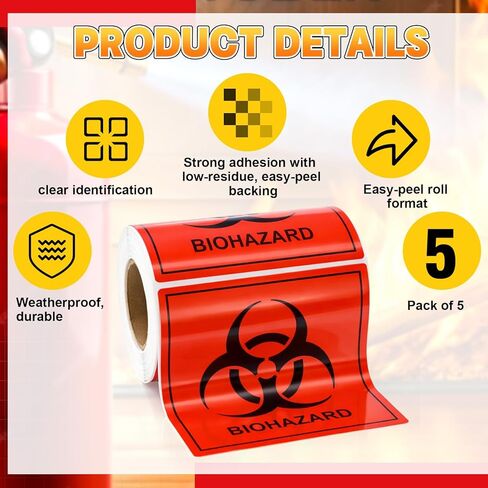 5 Rolls Biohazard Warning Labels 4 x 4 Biohazard Stickers, 200 Labels Per Roll Fluorescent Red Orange Self-Adhesive Warning Signs for Labs, Hospitals, Industrial Use, Universal Symbol in Saudi Arabia