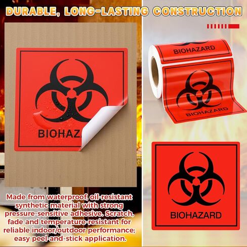 5 Rolls Biohazard Warning Labels 4 x 4 Biohazard Stickers, 200 Labels Per Roll Fluorescent Red Orange Self-Adhesive Warning Signs for Labs, Hospitals, Industrial Use, Universal Symbol in Saudi Arabia