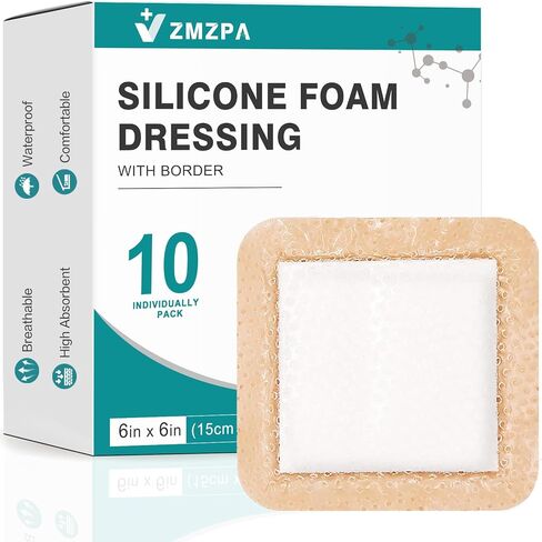 ضمادة إسفنجية من السيليكون بحدود لطيفة 6 × 6، تضميد جروح فائقة الامتصاص، رقع قرح السرير، ضمادات سيليكون مقاومة للماء للعناية بالجروح، وسادات ذاتية اللصق للتقرحات بالضغط (10) in Kuwait